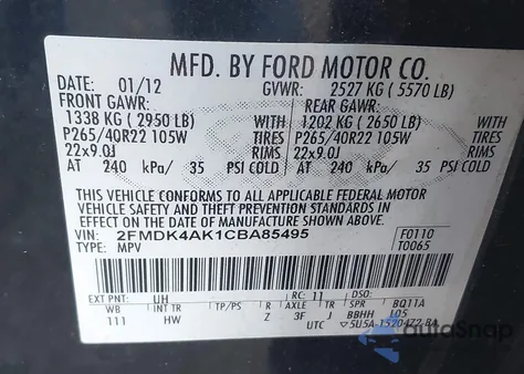 2012 Ford Edge Sport из США, поврежденный, VIN 2FMDK4AK1CBA85495